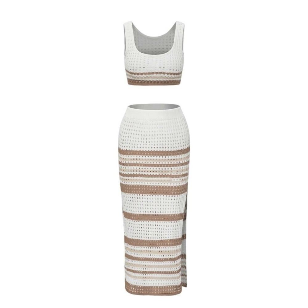 Micas Women's XL Stripe Openwork Knit Crop Tank Top Slit Midi Skirt Summer Set
